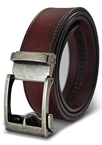 Classic Men's Leather Ratchet Click Belt - Antique Silver Buckle With Brown Rosewood Leather Belt (Trim To Fit: Up To 40'' Waist) #TOP3