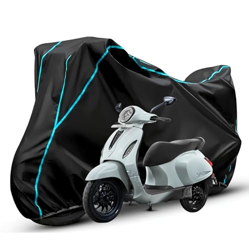 Image of Waterproof Bike Body Cover Compatible with Bajaj Chatak Dustproof Scratchproof - Motorcycle Cover for Two Wheeler, Outdoor Full Cover with UV, Duty, Rain Protection (Black & Aqua) R1