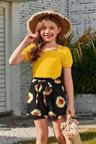 Image of Arshiner Toddler Girls 3 Piece Outfit Set Puff Sleeve Square Neck Top with Shorts and Matching Headband Summer Clothes 2T-8Y