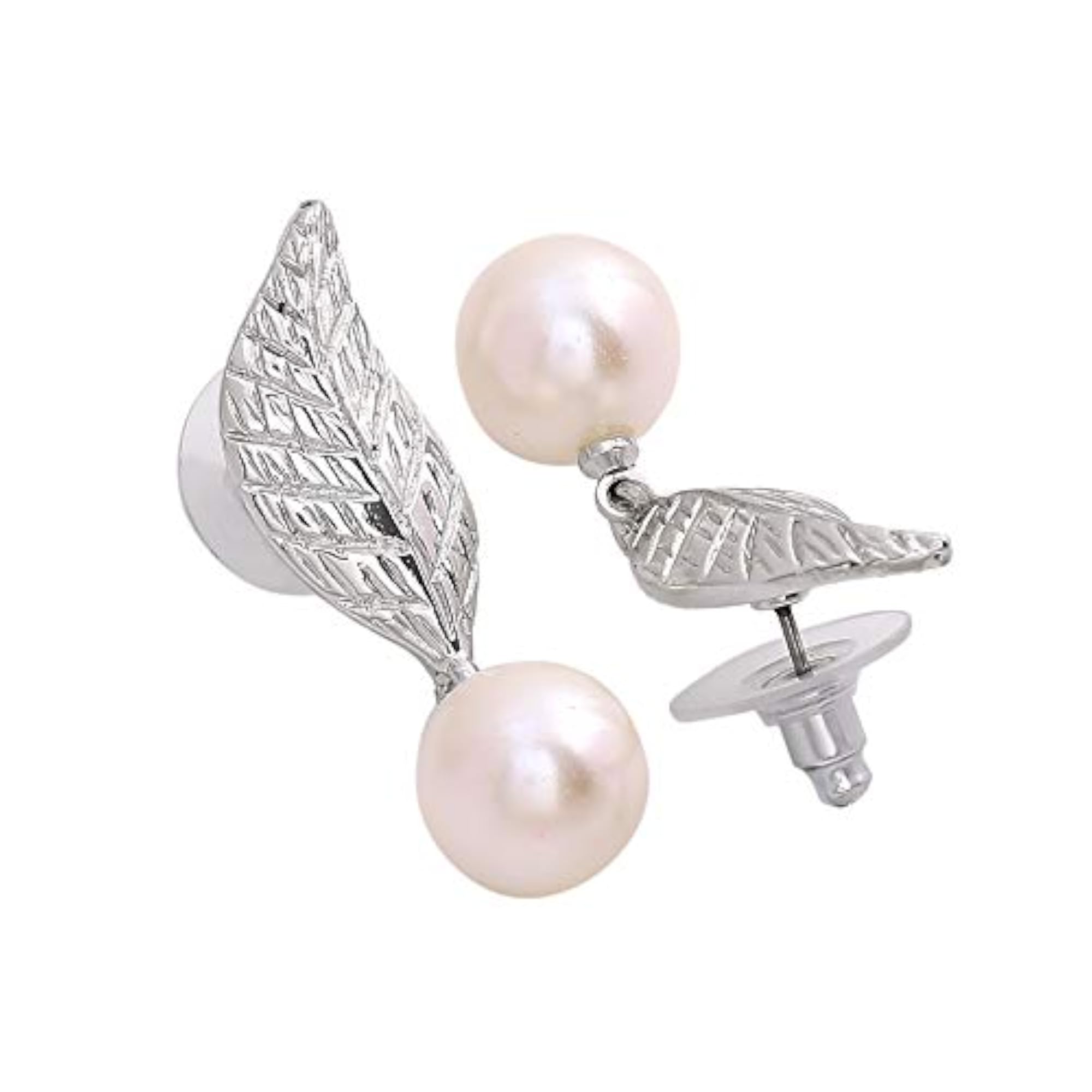 Rhodium Leaf Pearl Drop Earrings