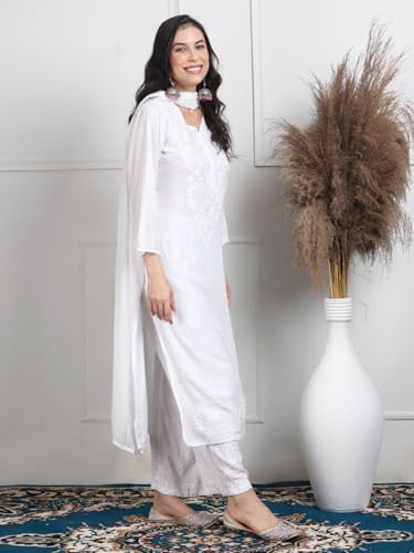 Image of Women's Luxe Lucknowi Chikankari Hand Embroidered Rayon Dyed Kurti Palazzo Dupatta Set - Designer Ethnic Wear for Wedding, Festive & Party Occasions