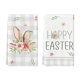 Artoid Mode Büffelkaro Blumen Hasenohr Ostereier Ostern Küchentücher Geschirrtücher, 42x65 cm Happy Easter Frühling Dekoration Handtücher 2er Set