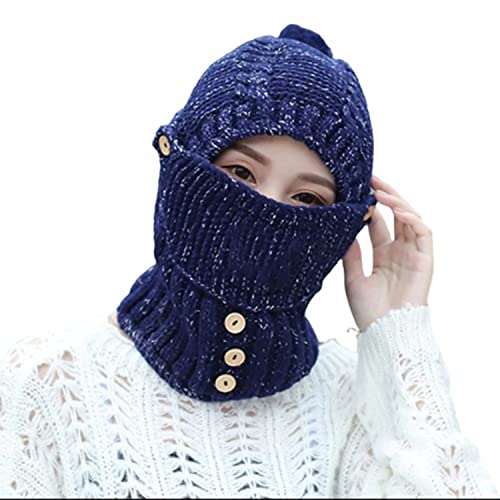 LAKEMON Chapeau tricoté d'hiver pour Femmes, Bonnet en Laine épaissie avec Masque Chaud et écharpe de Cou, Bonnet pour Femmes doublé en Polaire (Navy Blue) Cover