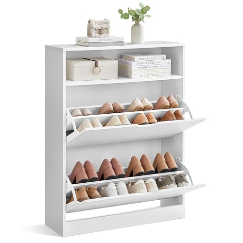 VASAGLE CUSTOS Collezione - Scarpiera, Scaffale Portascarpe, Scomparto Aperto, Divisorio Regolabile, per Ingresso, 2 Ante a Ribalta, 24 x 80 x 102 cm, 14-16 Paia, Bianco Nuvola LBC048W01