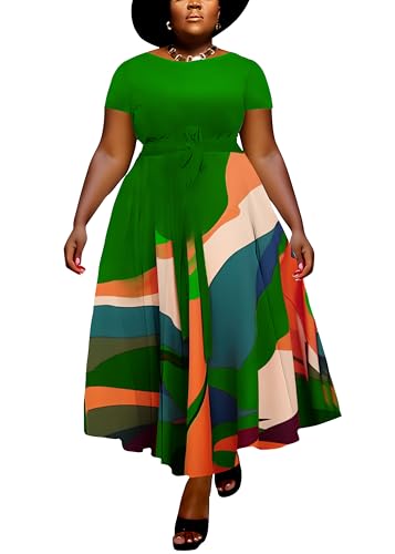 Image of Hostoyo Women Plus Size Formal A Line Maxi Dress Self Tie Waist with Pockets Elegant Round Neck Swing Long Dresses