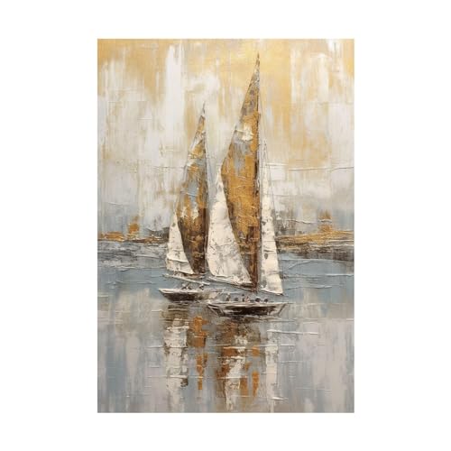 SHYAMIC Quadri moderni mare con una vista, Barca a vela astratta grigio dorato Spiaggia dell'Oceano Immagine pittura su tela soggiorno camera da letto Ufficio Murale - 20x30cm Non incorniciato