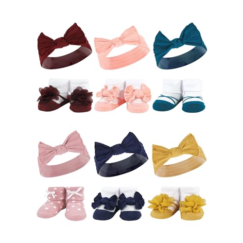 Hudson Baby Girls 12Pc Headband and Socks Giftset, Burgundy Teal Blush Navy, One Size