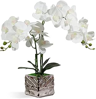 Artificial Orchid White Orchid Plant Artificial Flowers Real Touch Fake Orchid Fake Bonsai With Silver Ceramic Vase Artificial Potted Plant For Home Bedroom Kitchen Bathroom Table Decoration