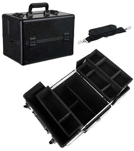 HAISKY Large Makeup Train Case Cosmetic Organizer Case Makeup Box Portable Make Up Artist Travel Case with 4 Trays with Dividers Lockable Hard Train Case Nail Tech Supply Storage - Starry Black