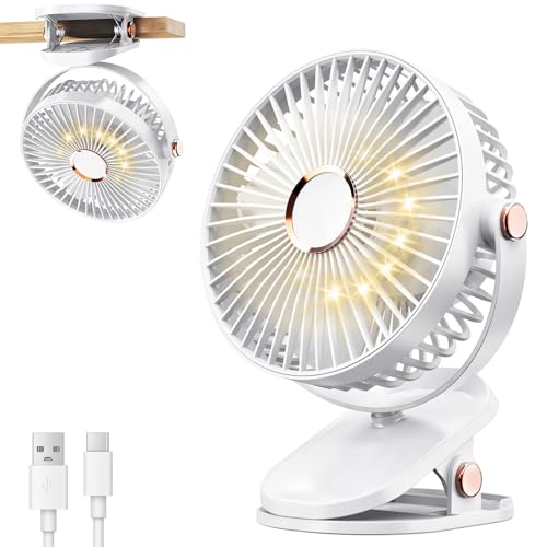 iNeibo Portable Clip on Fan with LED Lights, 4000mAh Battery Operated USB Desk Fan, 4 Speed,720° Rotation, Quiet Rechargeable Mini Table Fan for Home Office Stroller Camping (White)