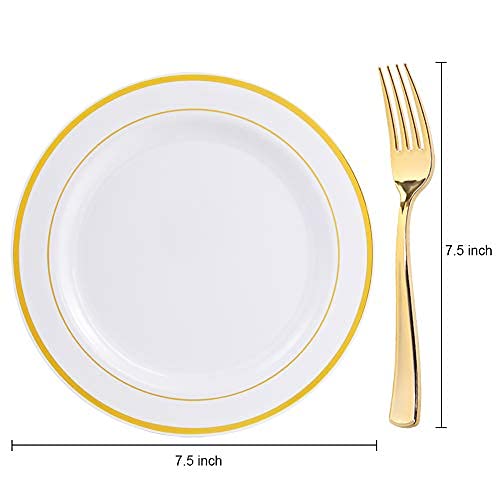 I00000 72 Pcs Gold Dessert Plates 7.5" With 72 Pcs Gold Plastic Forks 7.4", Heavyweight White With Gold Rim Plastic Plates, Gold Salad Plates For Party And Gold Appetizer Plates For Wedding #TOP1