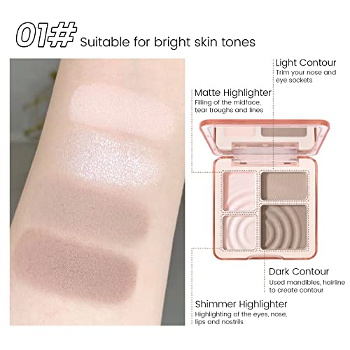 Kyda 4 Colors Highlighter Contour Palette, Bronzer Illuminator Glow Kit, Natural Matte Shimmer Finish, Lasting Face Shape Contouring Makeup, By Ownest Beauty-Set A #TOP3