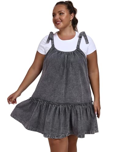 Image of Denim Dress for Women Tie Shoulder Sleeveless Denim Mini Dress Casual Flowy Babydoll Dress Wash Jean Dress