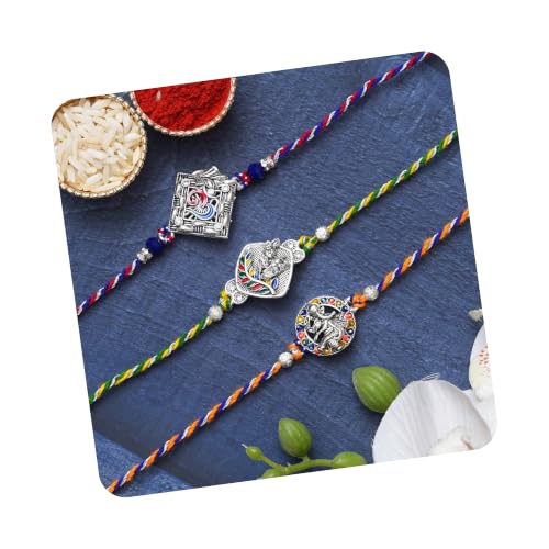 Image of eCraftIndia White Red Golden Set of 3 Pearl Rakhi for Brother with Roli Chawal Pack