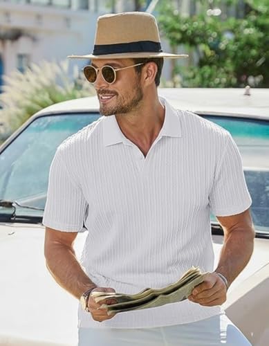 Image of Zilcon Mens Casual Polo Shirt Summer Short Sleeve Vacation Button Beach Knit Stretchy Golf Tshirts