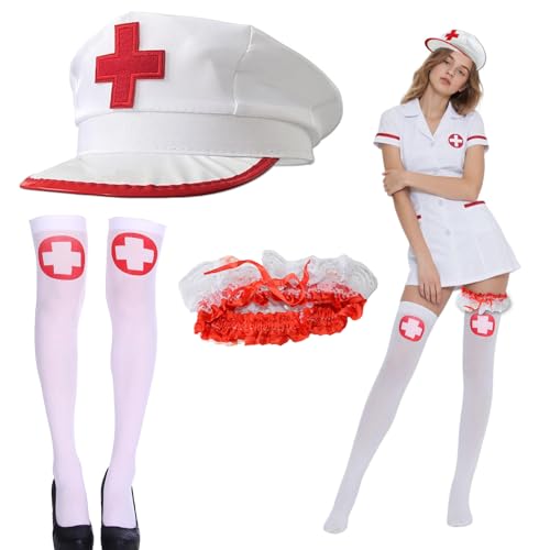 Infermiera Costume Set – Costume da Infermiera Sexy Accessori Completi per Ruolo di Infermiera, Set con Cappello, Calze e Benda, Perfetto per Feste a Tema, Halloween e Cosplay