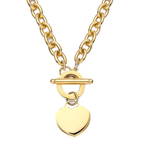 WangGao Elegent Love Stainless Steel Link Chain Blank Heart Charms Necklace for Women Toggle Clasp Closure, 17.72inches, Stainless Steel, No Gemstone