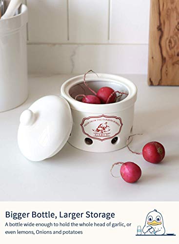 Le Tauci Garlic Keeper, 5 Inch Vented Ceramic Storage Container Holder, Reserve For Garlic, Onion, Lemon, Patato, Ginger Or Shallots, 1 Pack, White #TOP5