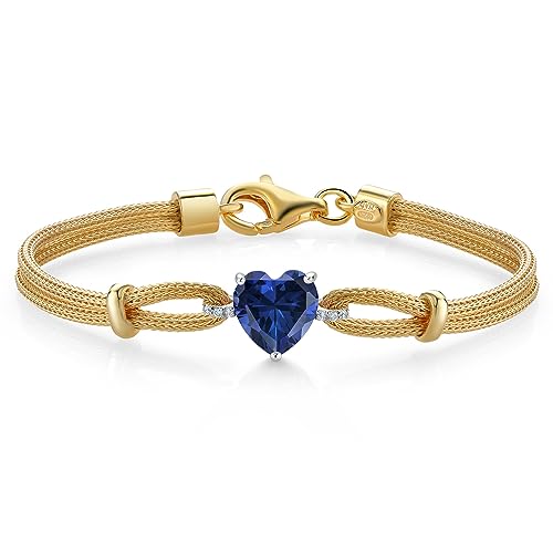 Gem Stone King 18K 2 Tone Sterling Silver Blue Created Sapphire and White Lab Grown Diamond Bracelet For Women (1.04 Cttw, Heart Shape 8MM, 6.5/7/7.5 Inches, Made In Italy)