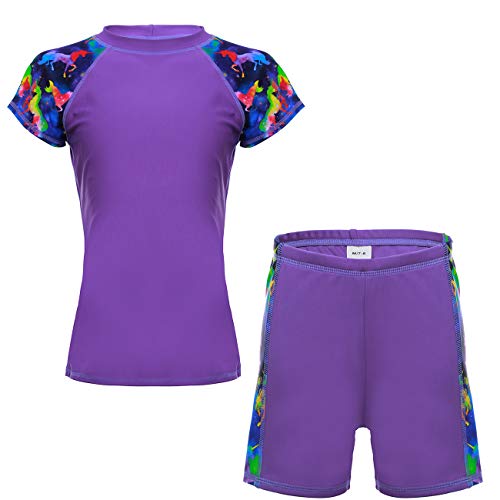 DAYU Girls Short Sleeve 2 Piece Swimsuit UPF 50+ Sun Protection Rash Guard Set Purple Size 7-8