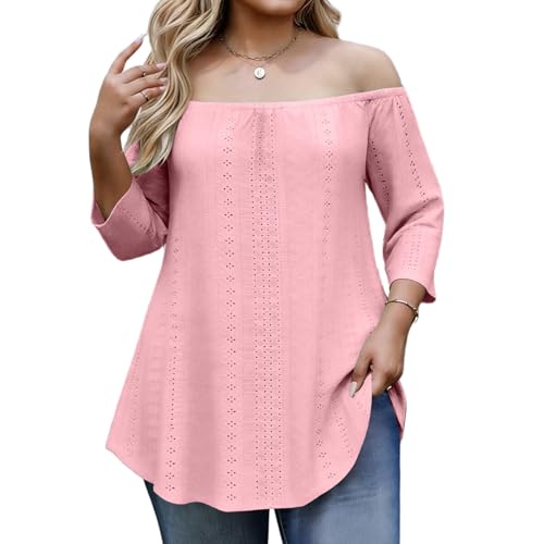 Plus Size Off The Shoulder Blouses for Womens Clsssic Tops Casual Fashion 3/4 Length Sleeves Tees Dressy T Shirts Pink