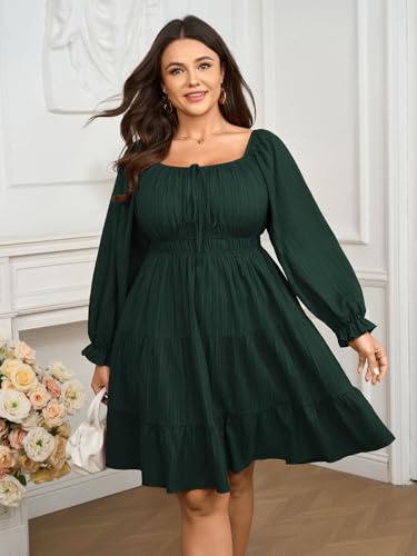 Women's Plus Size Dresses Square Neck Long Sleeve Tie Front Textured A Line Mini Dress3