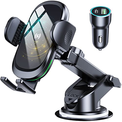 Glangeh 15W Cargador Inalambrico Coche con Fuerte Ventosa, QC 3.0 Carga Rápida Soporte Movil Coche Cargador Inalambrico Rotación de 360°, Compatible con iPhone 14/13 Pro MAX, Galaxy S22/21 y Otros Cover
