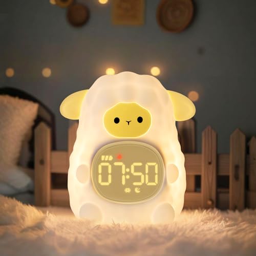 Sheep Alarm Clock with Night Light for Kids with Sleep Training and Sound Machine, Rechargeable Silicone Lamp OK to Wake Clock,Cute Animal Tabletop Lamp, Perfect Sleep Companion for Boys Girls