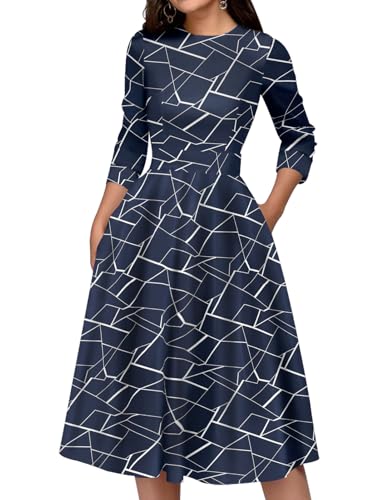 Image of Simple Flavor Womens Floral Vintage Midi Dress 3 /4 Sleeve | with pockets, Fit and flare aline, Knee-length, Church, Semi-formal, Wedding guest, Retro tea party & derby outfits