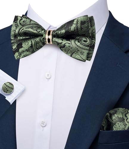Image of YOHOWA Mens Bow Tie Set Paisley Pre-tied Bowties Adjustable with Handkerchief Cufflinks Gold Ring Set Wedding Prom Party