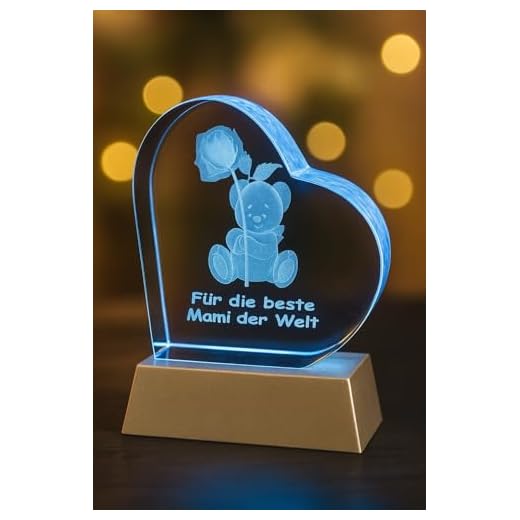 Kaltner Präsente Geschenkidee - Herz aus Glas: Kristallglas mit 3D-Laser-Gravur Teddy Rose für die beste Mami der Welt