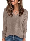 ANRABESS Long Sleeve Shirts for Women V Neck Casual Fall Tops Loose Fit Lightweight Sweaters Tunic Fashion 2025 Clothes Khaki Large
