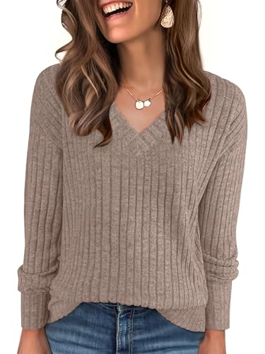 ANRABESS Long Sleeve Shirts for Women V Neck Casual Fall Tops Loose Fit Lightweight Sweaters Tunic Fashion 2025 Clothes Khaki XX-Large
