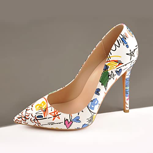 Image of Richealnana Women's Sexy Party High Heels Pointed Toe Slip On Stiletto Pumps Graffiti Size13