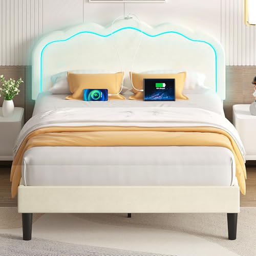 VECELO Upholstered Queen Size Bed Frame with Headboard Adjustable, LED Lights, USB-A & Type-C, Velvet Platform Bed Noise Free, Mattress Foundation with Wooden Slats, No Box Spring Needed, Beige