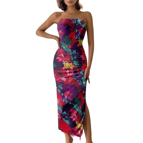 Image of Women's Tube Top Maxi Dresses Printed Tie Dye Strapless Bodycon Long Dress Split Side Sleeveless Party Elegant Outfits