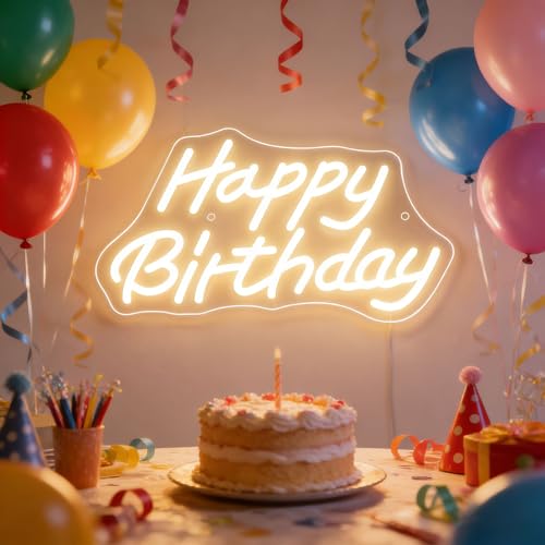 Image of Happy Birthday Neon Sign, 5V USB LED Neon Light with On /Off Switch, Warm White Neon Signs for Birthday Party Decorations, Bedroom Wall Decor, Birthday Gifts(Happy Birthday4)