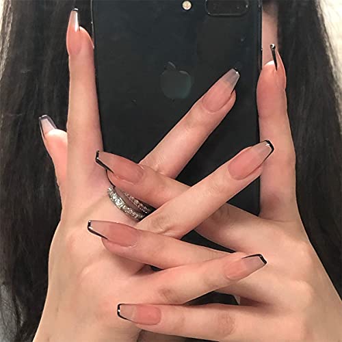 Gnimrahc Nude Black Press on Nails,Short Ballerina False Nails,Full Cover Fake Nails, Acrylic French Nail Tips for Women Girls 24pcs/Box