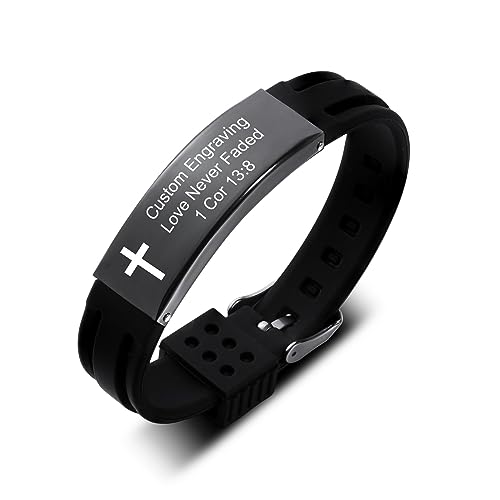 INBLUE Cita Religiosa Cristiana Versículos Biblia Inspiración Escritura Poderosa Identificación Pulsera Cruz Acero Inoxidable Ajustable Silicona Pulseras Regalo para Hombre (Estilo A-Negro)