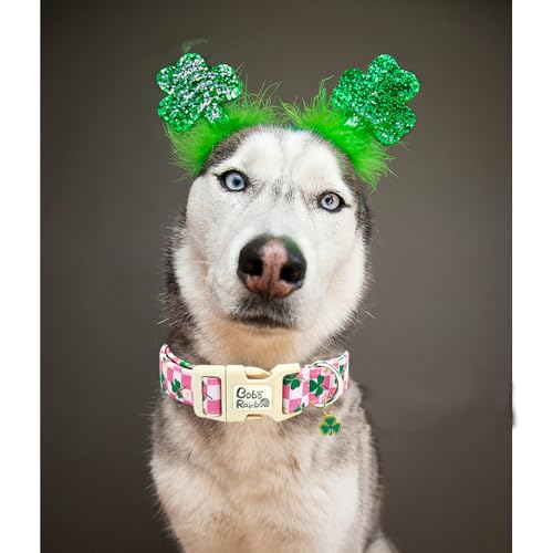 Image of St Patrick's Pink Plaid Trefoil Dog Collar for Medium Dogs | Daily Walks,Irish Parade,Spring Picnic Hiking,Adjustable,Cotton Fabric,Quick Release Plastic Buckle,Pendant,Female /Male Dog