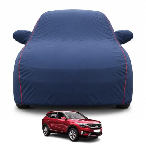 Image of Kia Seltos 2019-2023 Models 100% Waterproof Car Cover for All Weather Protection Mirror & Inner Cotton Triple Stitched Cover, Adjustable Belt Bottom Elastic to Secure Fit (Navy Blue)
