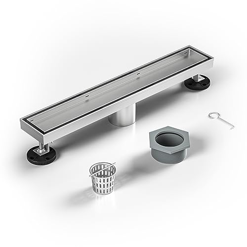 Image of Linear Shower Drain 16 inch Brushed 304 Stainless Steel | Fast Drainage | Tile Inserted | Stainless Floor Drain Grate | Hair Strainer | Drain Key | The Upgrade for Your Bathroom