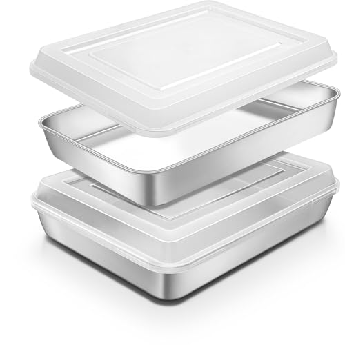 Blingco Stainless Steel Baking Pan with Lid, 12⅓ x 9¾ x 2 Inch Deep Rectangle Cake Pans with Cover for Cakes, Brownies, Cookies, Deep Side & Heavy Duty,Dishwasher & fridge & Oven Safe(2 Pans + 2 Lids)