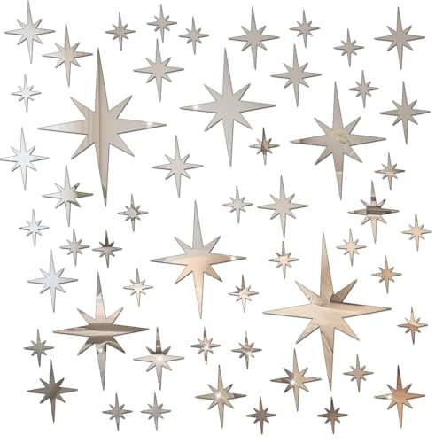 71 Pcs Silver Star Stickers, 3D Acrylic DIY Star Mirror Wall Stickers Decor, Removable Decals Art Self-Adhesive for Home Nursery Classroom Bedroom Interior Wallpaper Background Art Decor