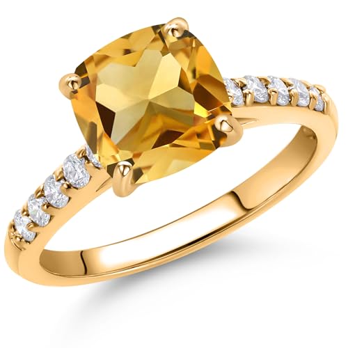Gem Stone King 2.20 Cttw Cushion Yellow Citrine and White Lab Grown Diamond 10K Yellow Gold Engagement Ring for Women | Cushion Cut 8MM | Gemstone Birthstone | Available In Size 5, 6, 7, 8, 92