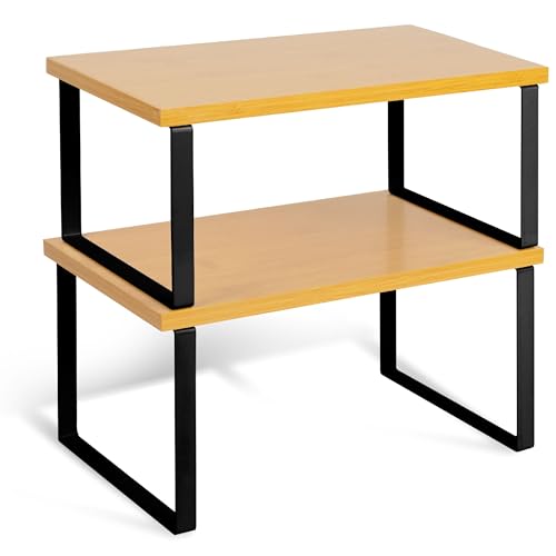 HEFTMAN Organizador de armario de cocina, juego de 2 estantes de madera y metal para armarios (natural y negro)