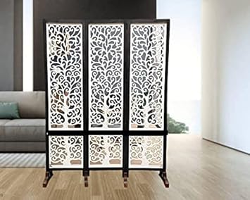 STAR WOODEN HANDICRAFTS Wooden Room Divider |Wooden Partition for Living Rooms |Wooden Room Separator | Room Wall Divider |Screen Separator for Living Room(3 Panel Black and White with Stand,)
