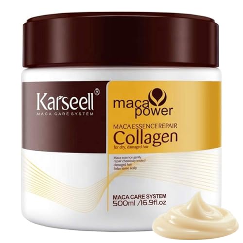 Karseell MACA CARE SYSTEM Mascarilla Capilar Profesional Colágeno Aceite de Argán Coco Karité Reparadora Nutritiva Hidratante Antifrizz Brillo Cabello Seco Dañado Encrespado Teñido Sin Sulfatos 500ml