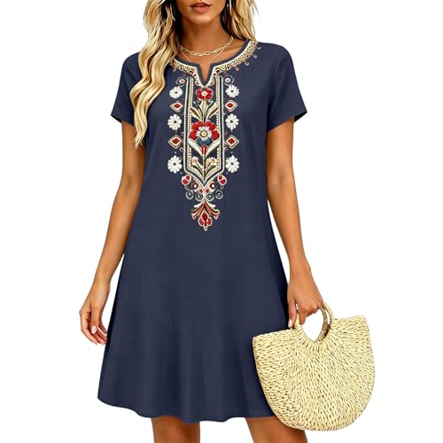 Womens Cotton Dresses,Cotton Linen Embroidered Mexican Peasant Dress for Women Summer 2026 Short Sleeve V Neck Midi Gauze Hippie Cruise Dresses Floral Bohemian Tunic 100% Linen Clothing for Women