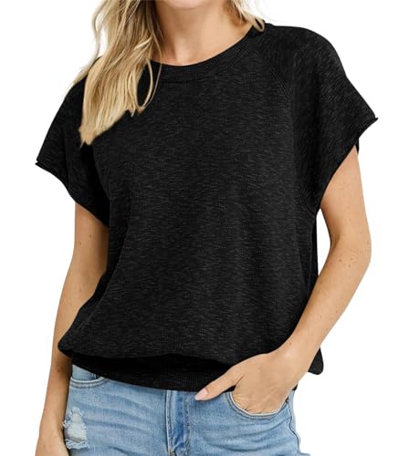 Saodimallsu Womens Short Sleeve Crewneck Sweater Summer Tops Casual Loose Knit Lightweight Basic Pullover Shirts
